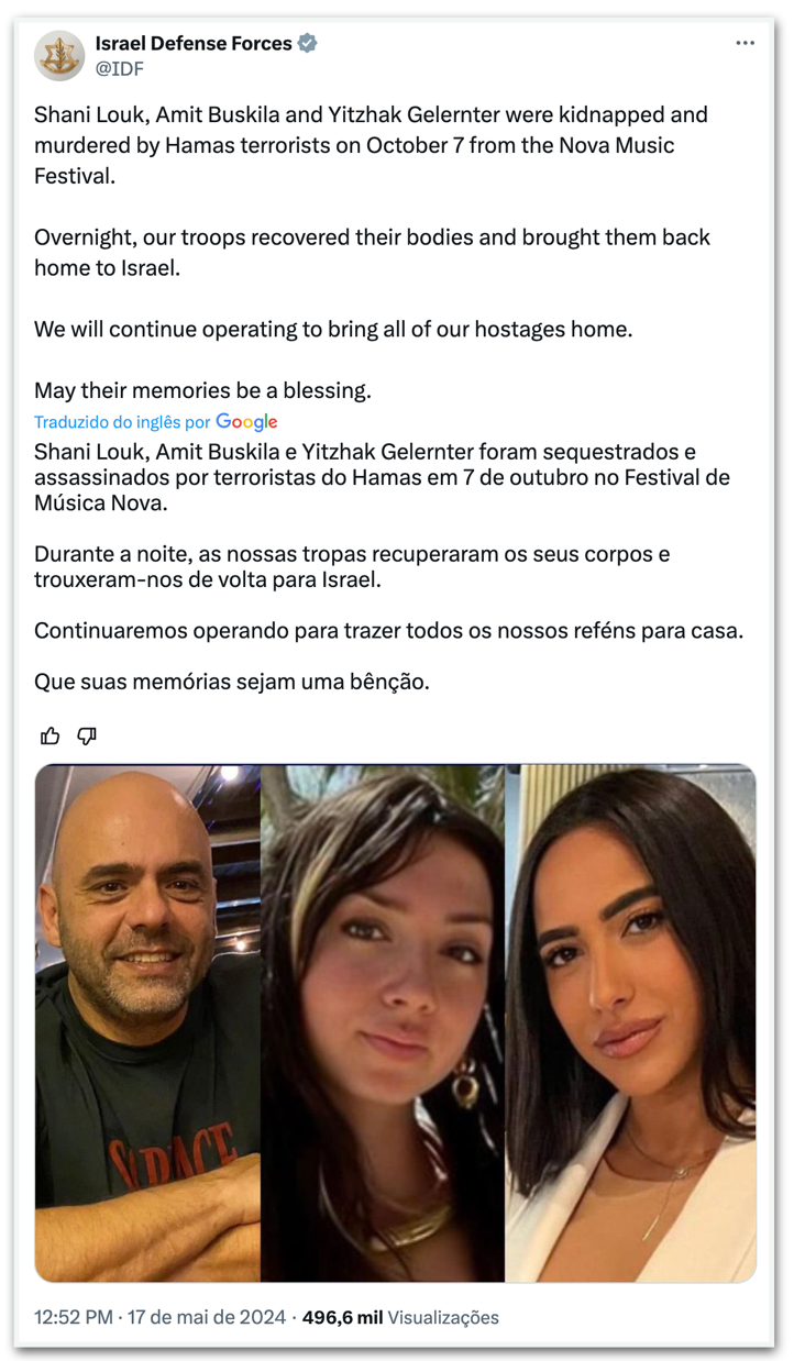 Israel recupera corpos de 3 reféns mortos pelo Hamas